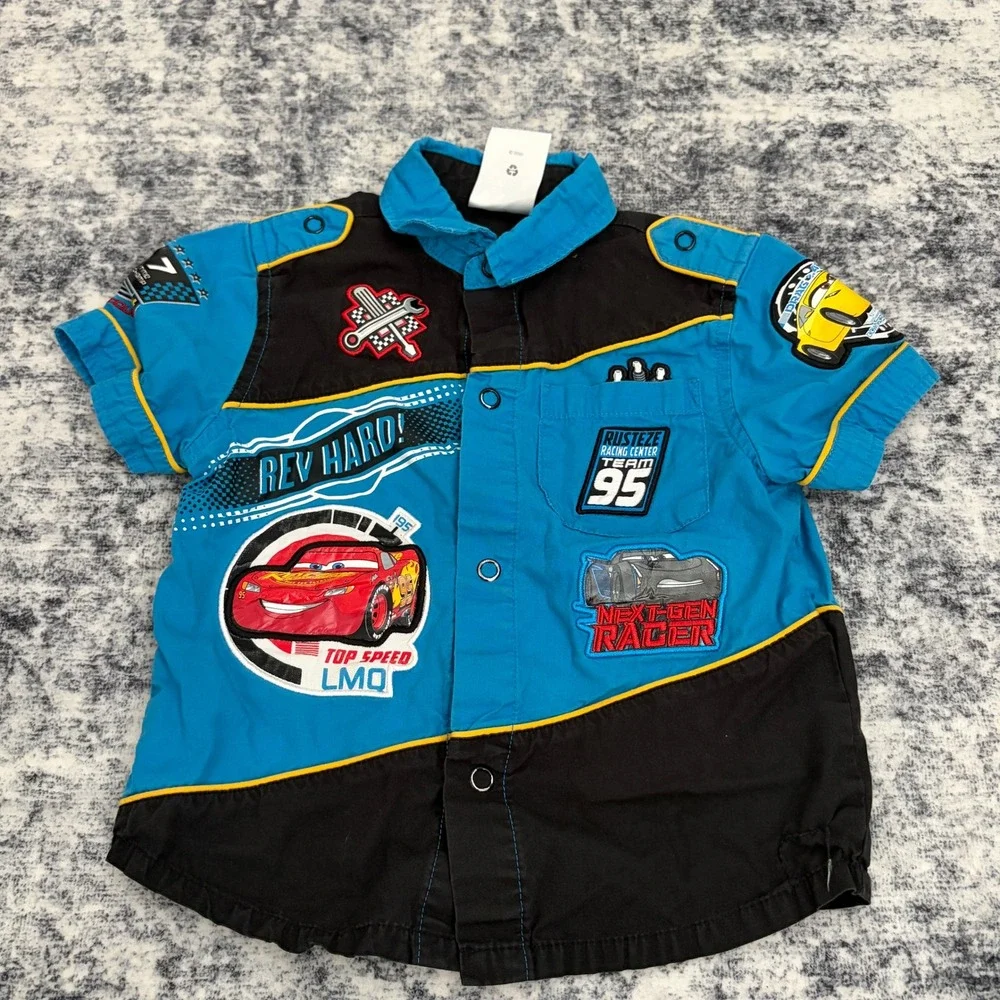 Disney Store Cars Lightning McQueen Racing Patch Button Down Shirt Size 3 Boys
